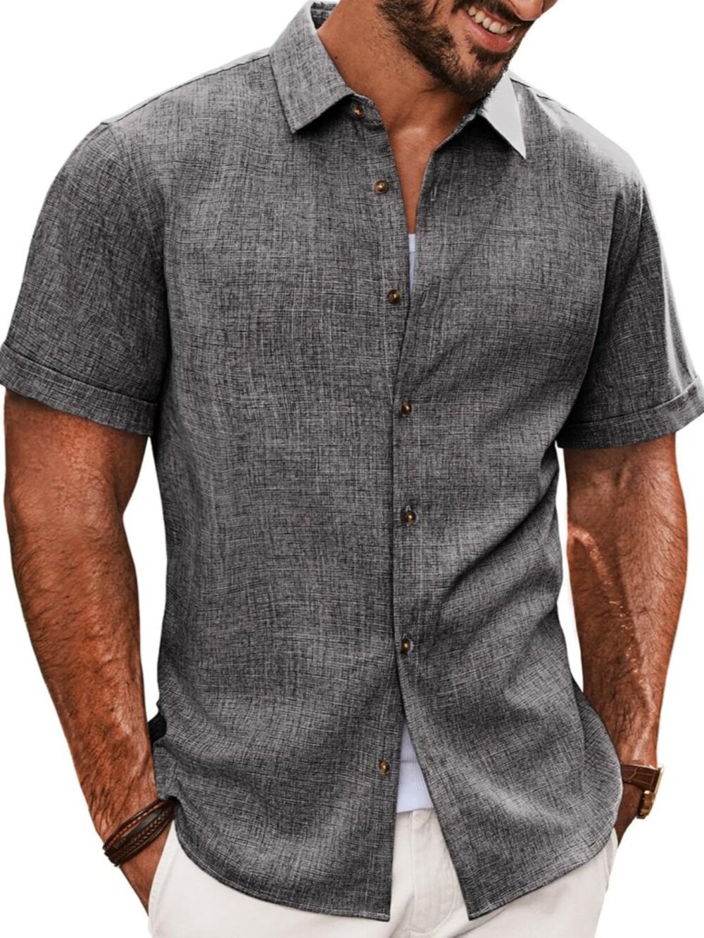 Men's Dark Gray Casual Shirts Short Sleeve Button Down Lightweight Summer